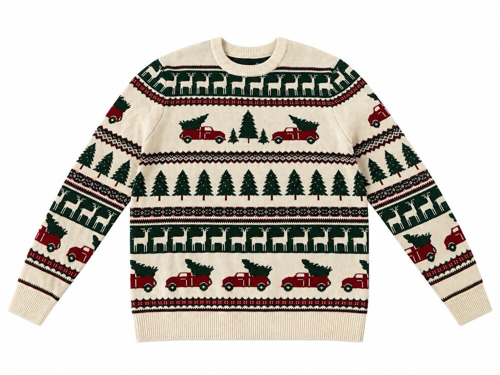 Primark Men’s 2XL Christmas Sweater Reindeer Trees Red Trucks Holiday Crewneck